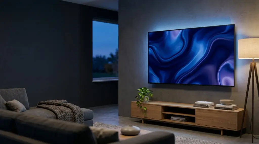 Téléviseur affichant un flux IPTV 4K dans un salon en soirée