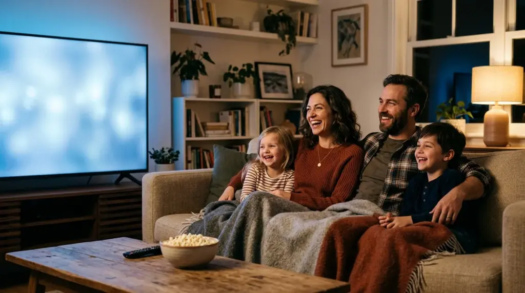 Famille réunie dans un salon devant un téléviseur affichant un abonnement IPTV en 4K