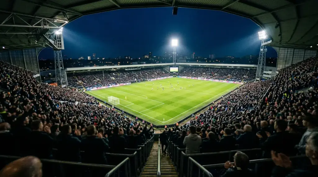 Match de football en nocturne vu des tribunes, chaînes sport en direct