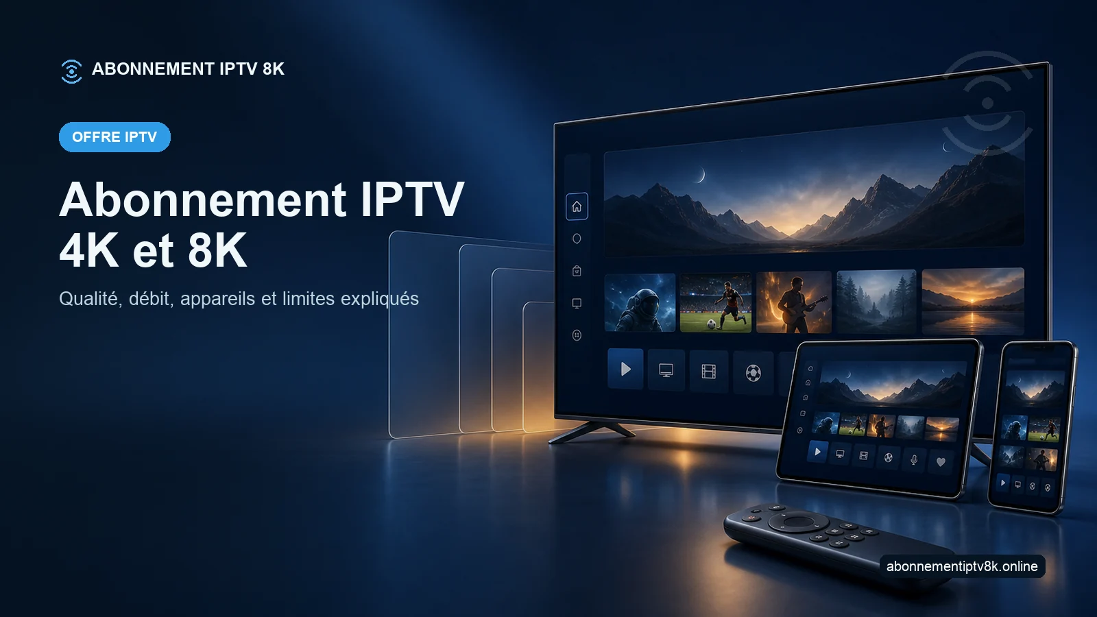 Télévision, tablette et smartphone illustrant Abonnement IPTV 4K et 8K