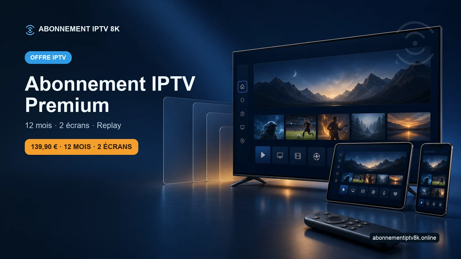 Télévision, tablette et smartphone illustrant Abonnement IPTV Premium