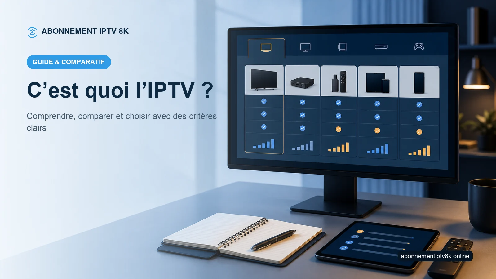 Tableau comparatif et appareils illustrant C’est quoi l’IPTV ?