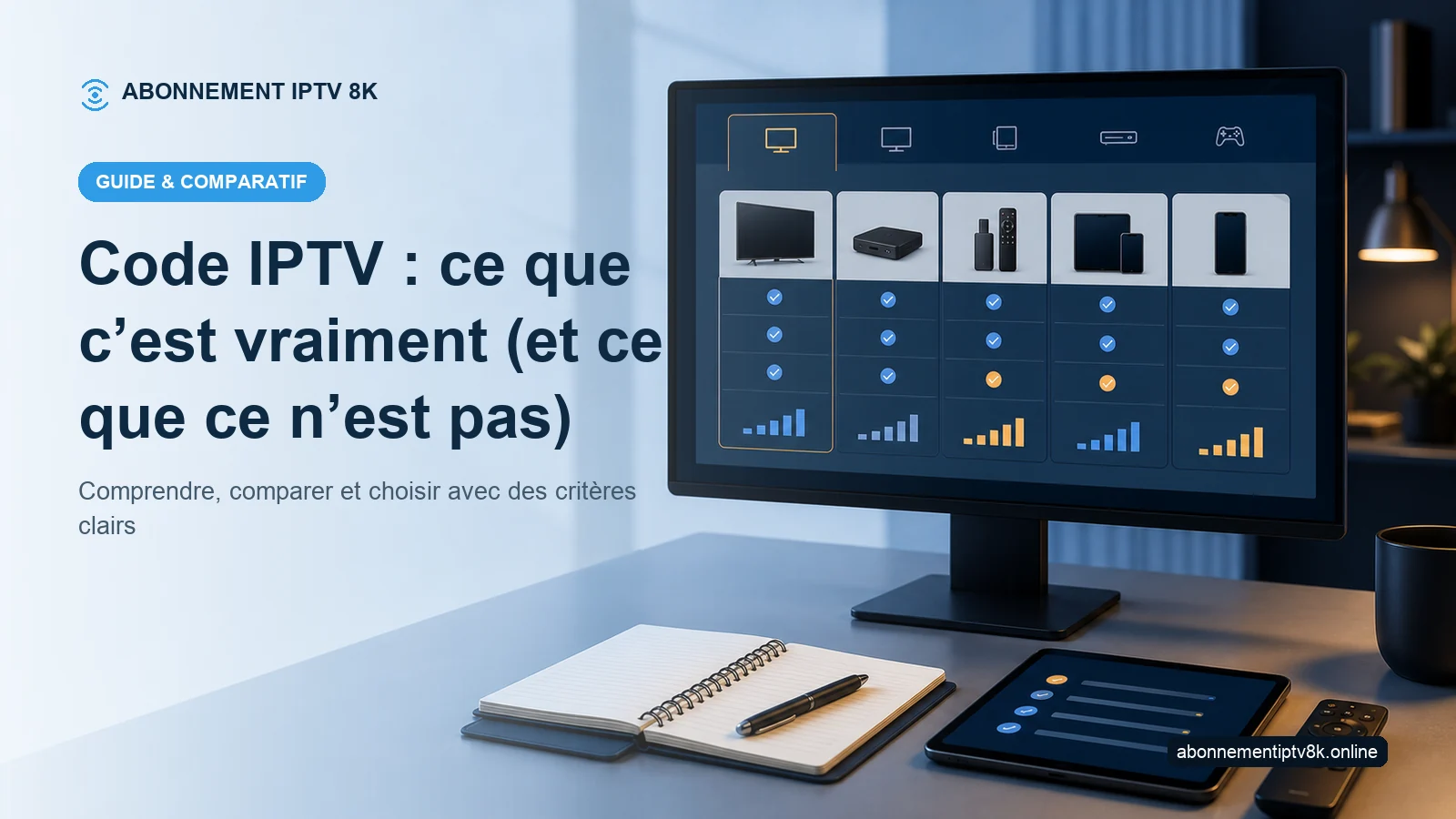 Tableau comparatif et appareils illustrant Code IPTV : ce que c’est vraiment (et ce que ce n’est pas)