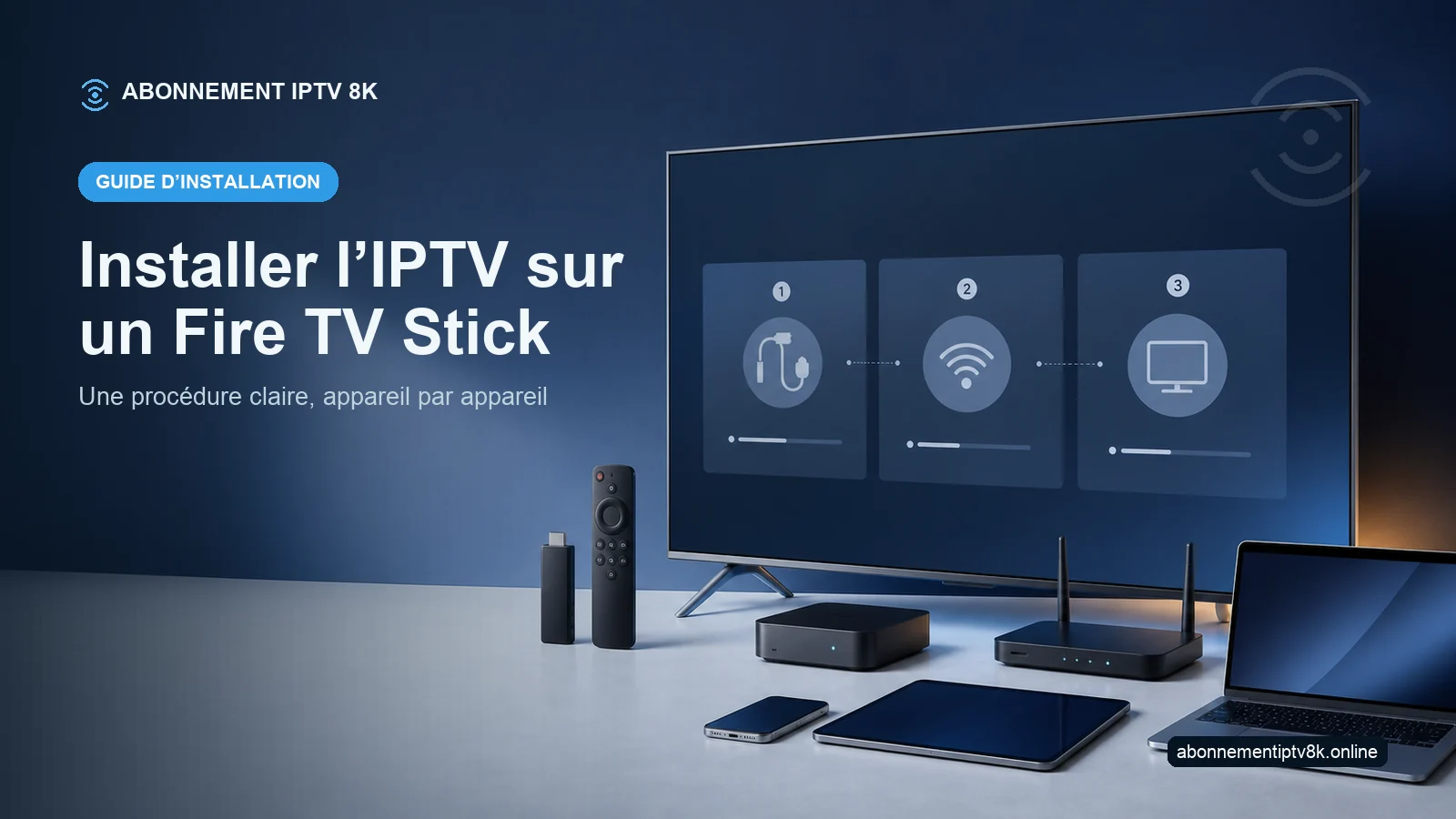 Téléviseur et appareils compatibles illustrant Installer l’IPTV sur un Fire TV Stick