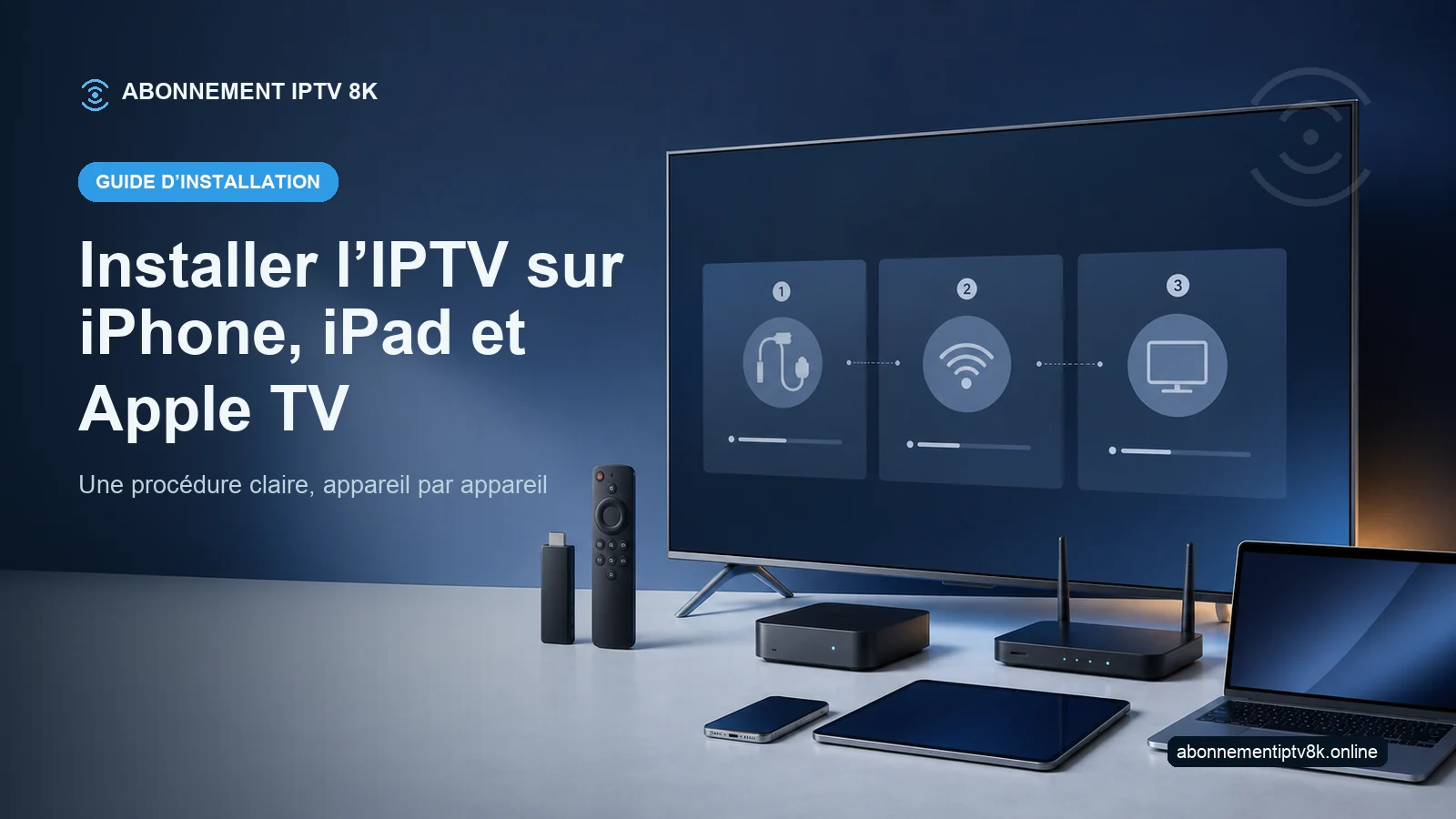 Téléviseur et appareils compatibles illustrant Installer l’IPTV sur iPhone, iPad et Apple TV
