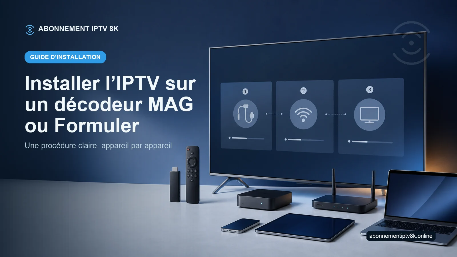 Téléviseur et appareils compatibles illustrant Installer l’IPTV sur un décodeur MAG ou Formuler