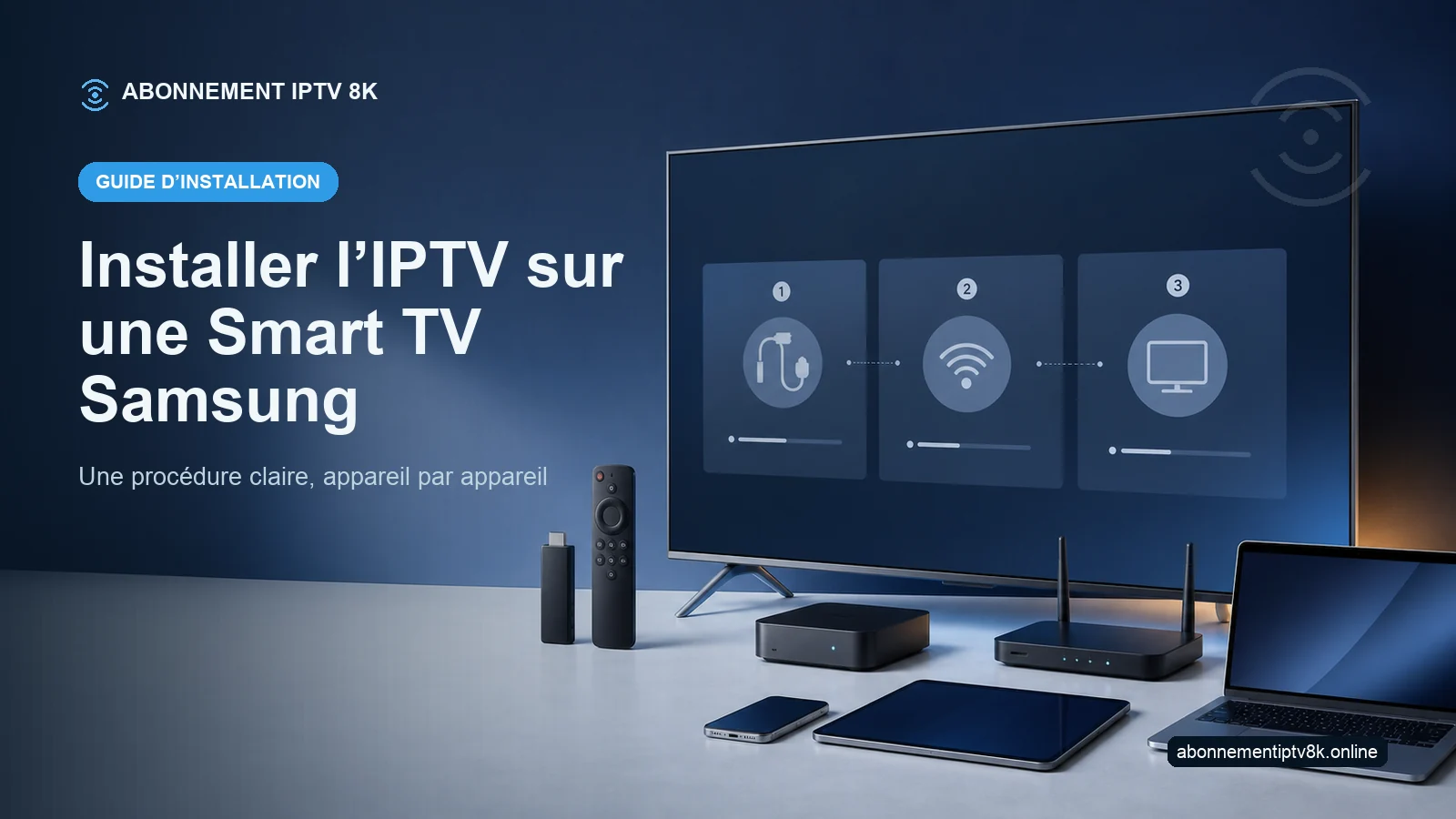 Téléviseur et appareils compatibles illustrant Installer l’IPTV sur une Smart TV Samsung