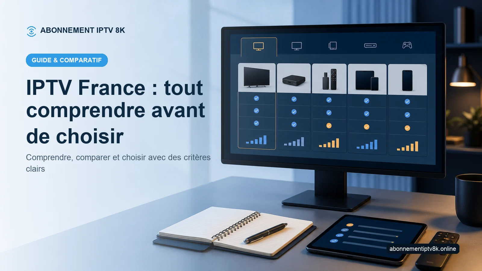 Tableau comparatif et appareils illustrant IPTV France : tout comprendre avant de choisir