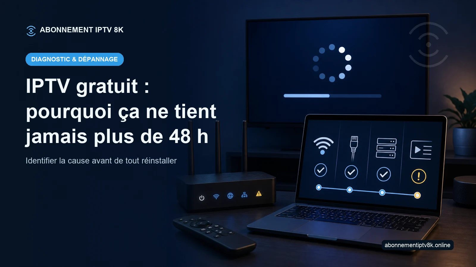 Interface de diagnostic réseau illustrant IPTV gratuit : pourquoi ça ne tient jamais plus de 48 h