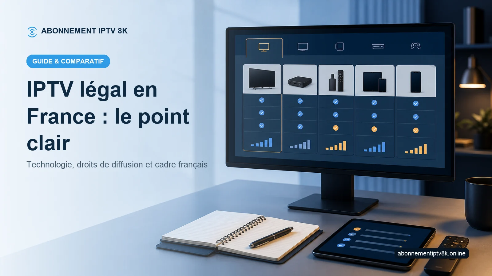 Tableau comparatif et appareils illustrant IPTV légal en France : le point clair