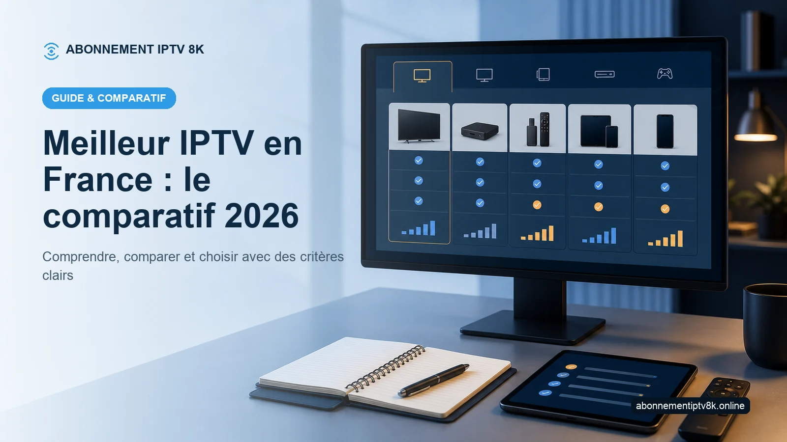 Tableau comparatif et appareils illustrant Meilleur IPTV en France : le comparatif 2026