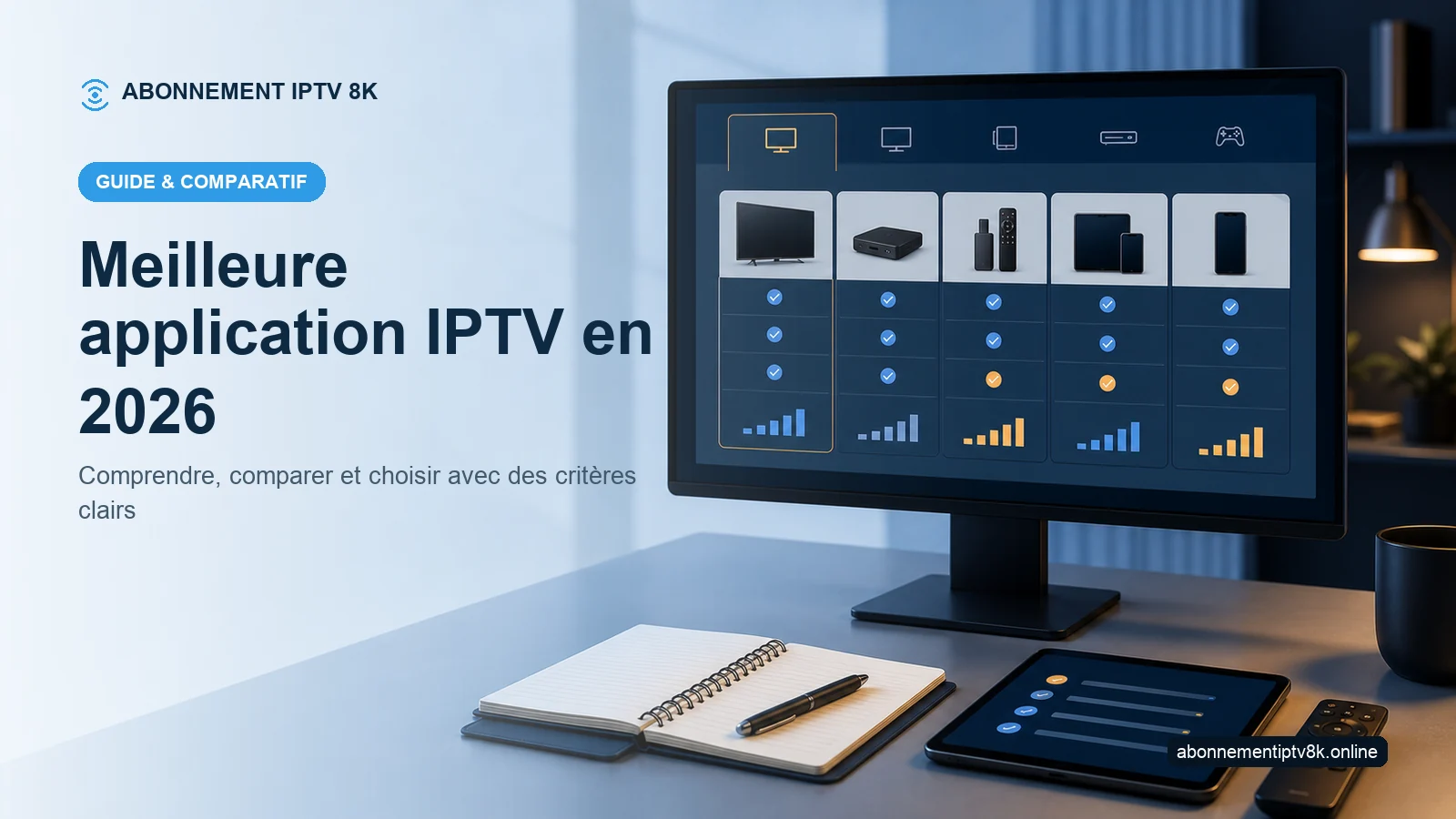 Tableau comparatif et appareils illustrant Meilleure application IPTV en 2026