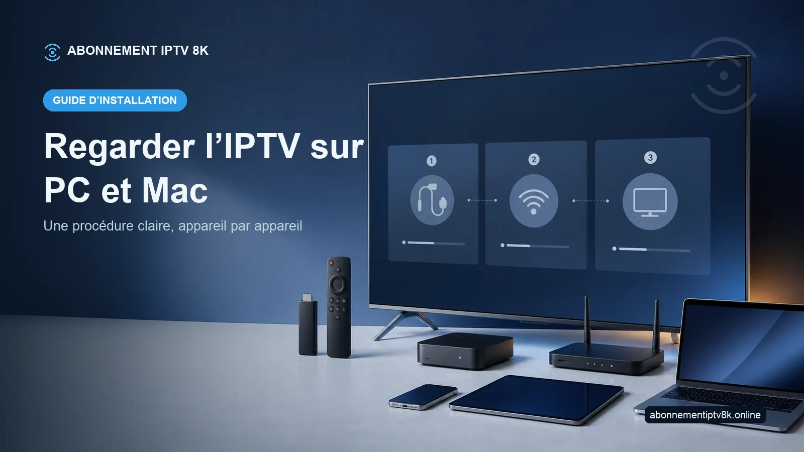 Téléviseur et appareils compatibles illustrant Regarder l’IPTV sur PC et Mac
