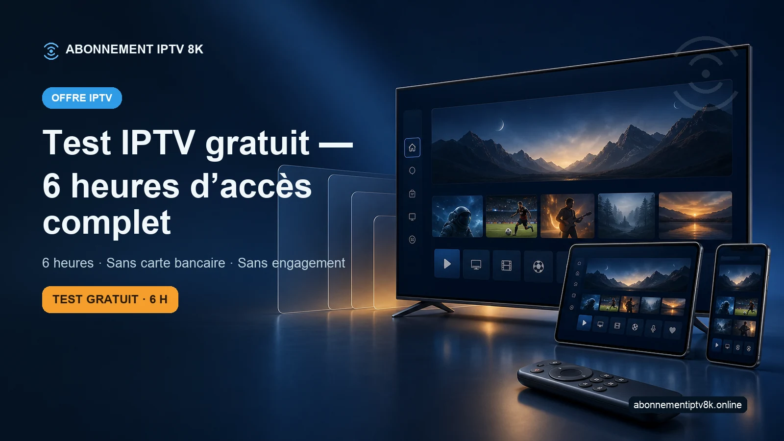 Télévision, tablette et smartphone illustrant Test IPTV gratuit — 6 heures d’accès complet