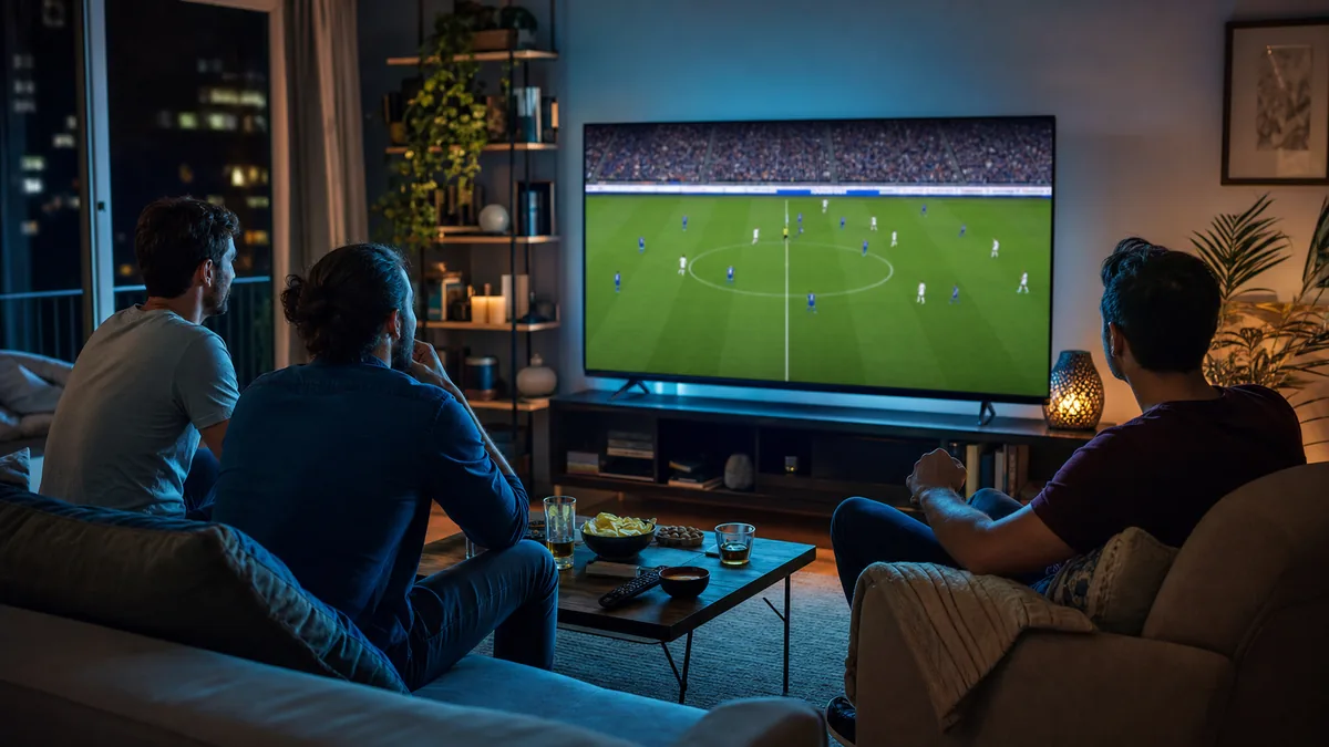 Amis regardant un match de football fictif en direct sur une télévision dans un salon