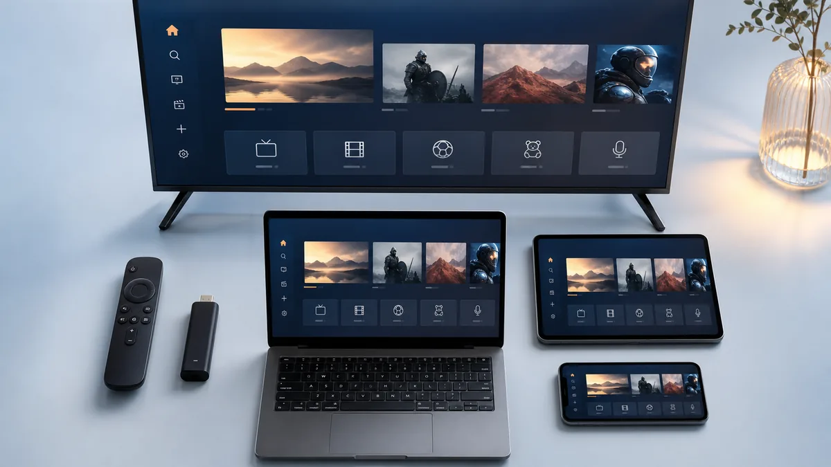 Télévision, ordinateur portable, tablette, smartphone, télécommande et clé HDMI illustrant la compatibilité IPTV