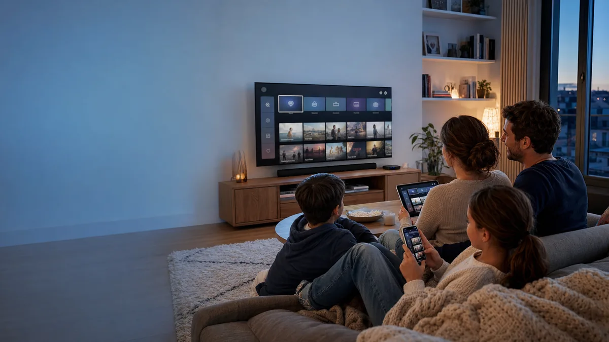 Famille regardant une interface IPTV fictive sur télévision, tablette et smartphone dans un salon